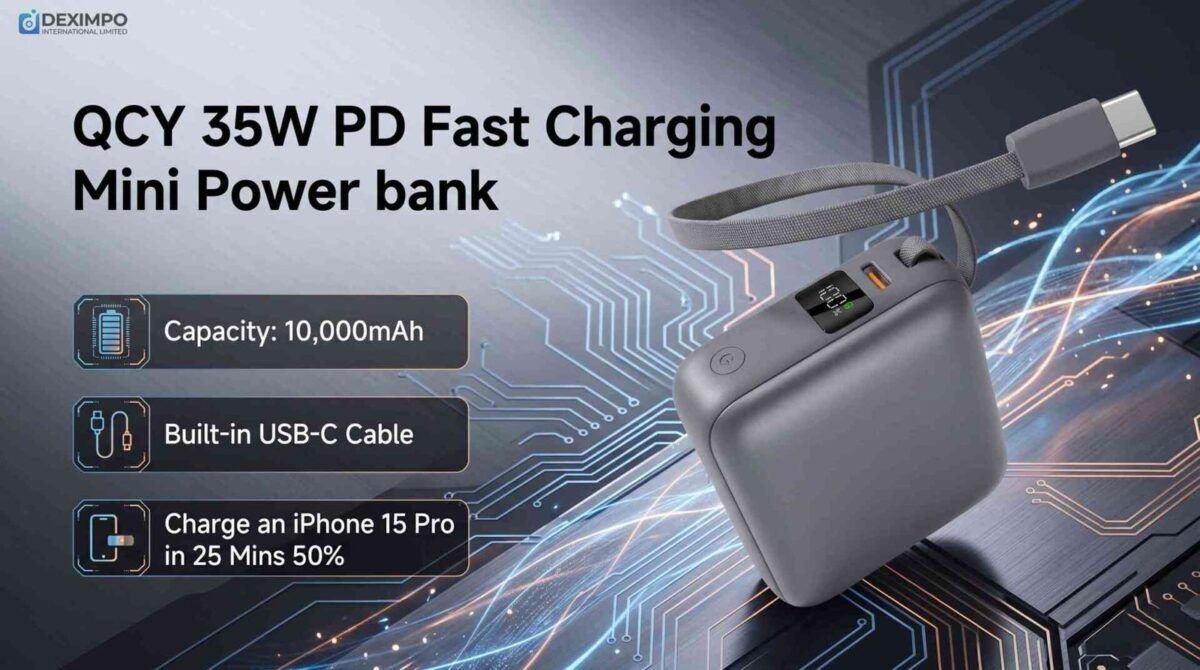 QCY 35W PD Fast Charging Mini Power Bank 10000mAh with Built-in USB-C Cable & Digital Display - Image 2